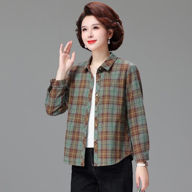 Genuine Autumn Long Sleeve Plaid Cotton Shirt for Middle-Aged & Elderly Women