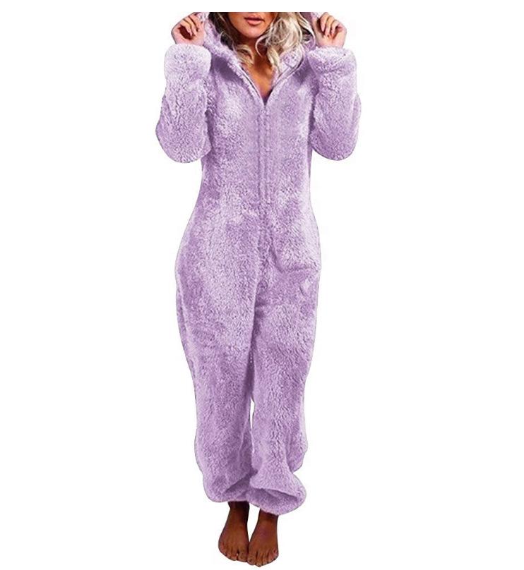 2024 Trendy EU & US Fall/Winter Fleece-Lined Thick Hooded Jumpsuit Pajamas for Women