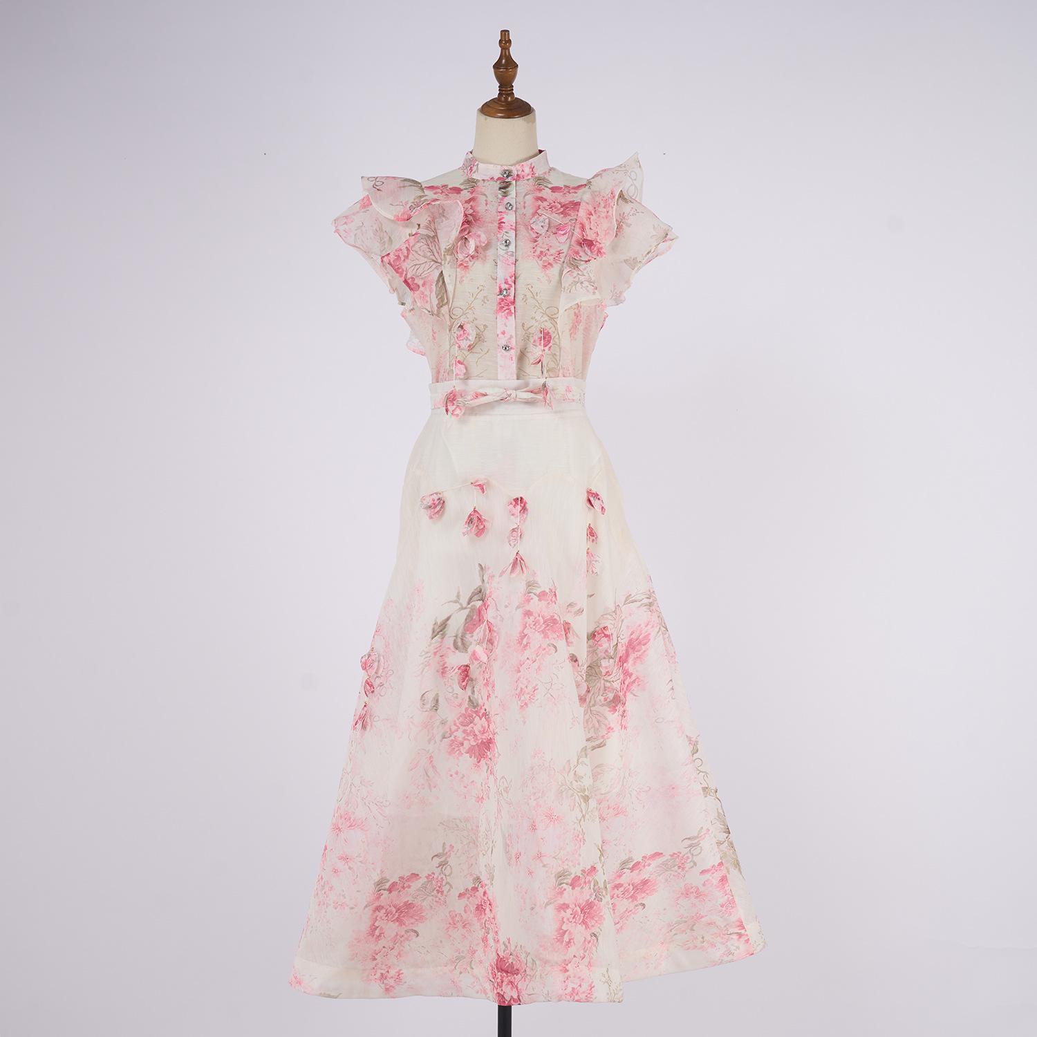 

Комплект в австралийском придворном стиле 2025: Топ без рукавов с воротником-стойкой и оборками и длинная юбка-клеш M розовый