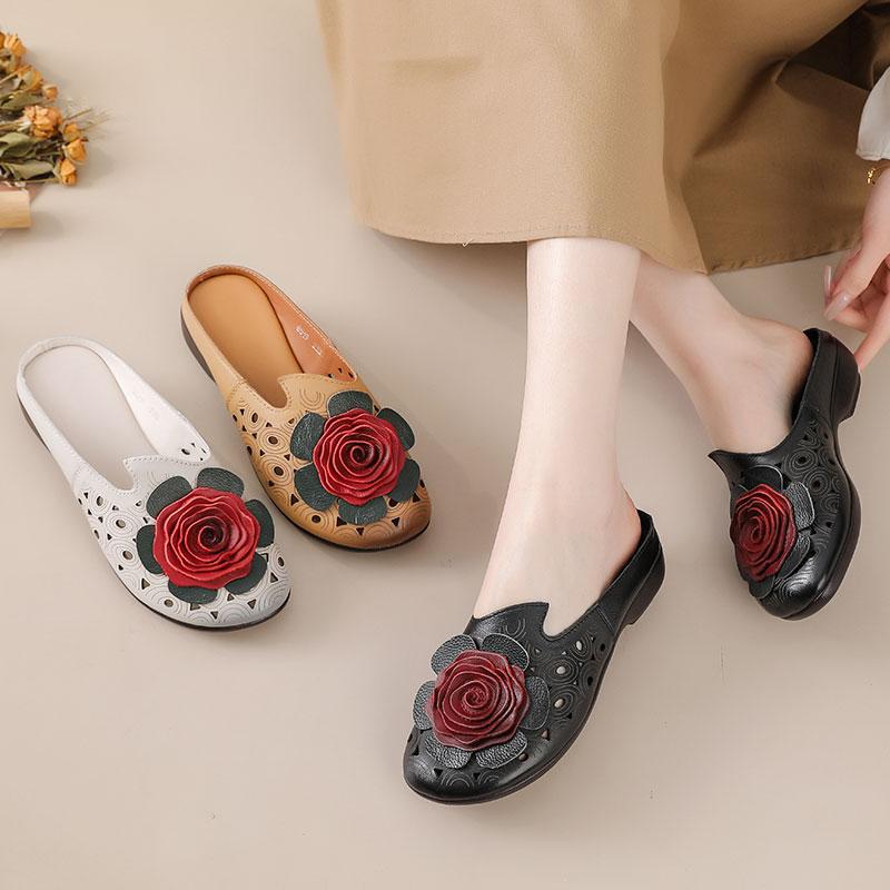 Fashion 2025 Big flower cow leather sandals womens summer cut out mules low heels woman retro luxury slipper sandals lady slip on shoes