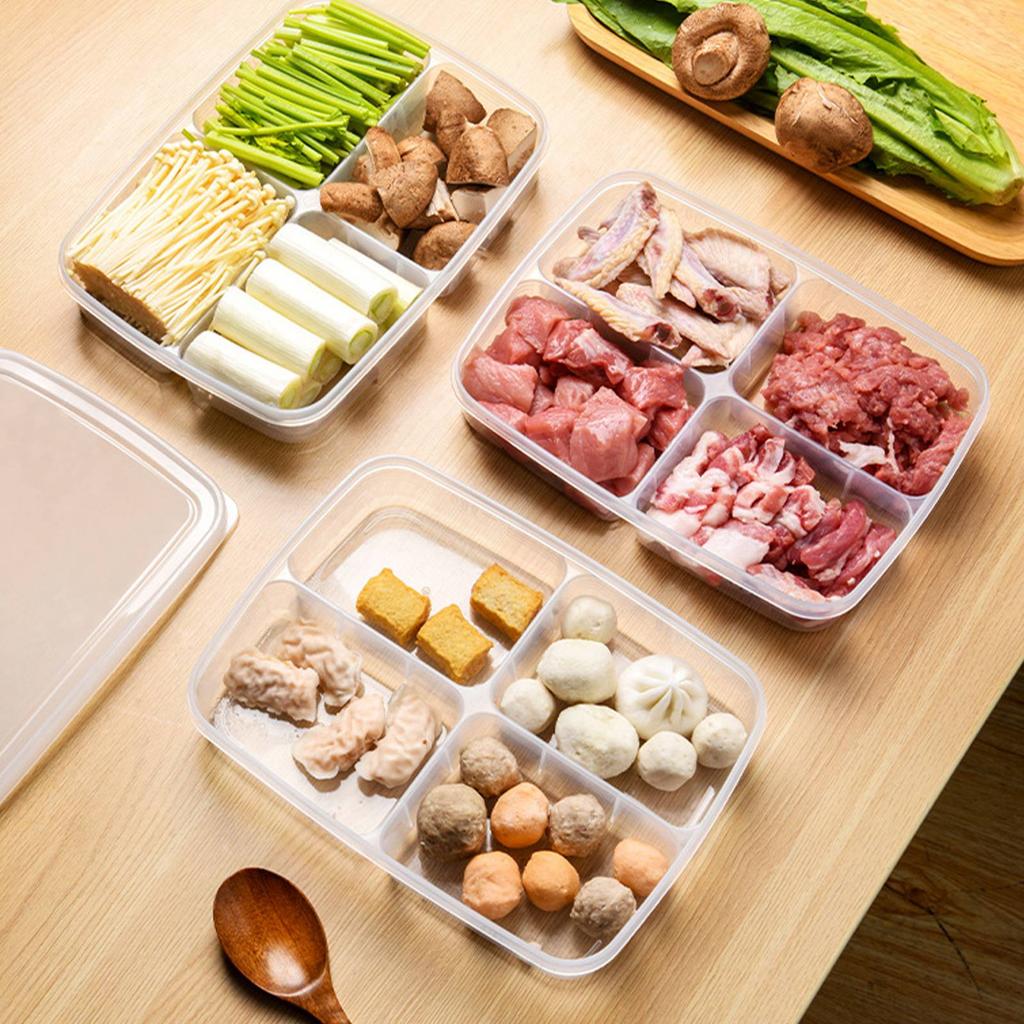 Divided Food Organizer Box PP 4 Compartment Refrigerator Food Storage Freshness Keeper Box for