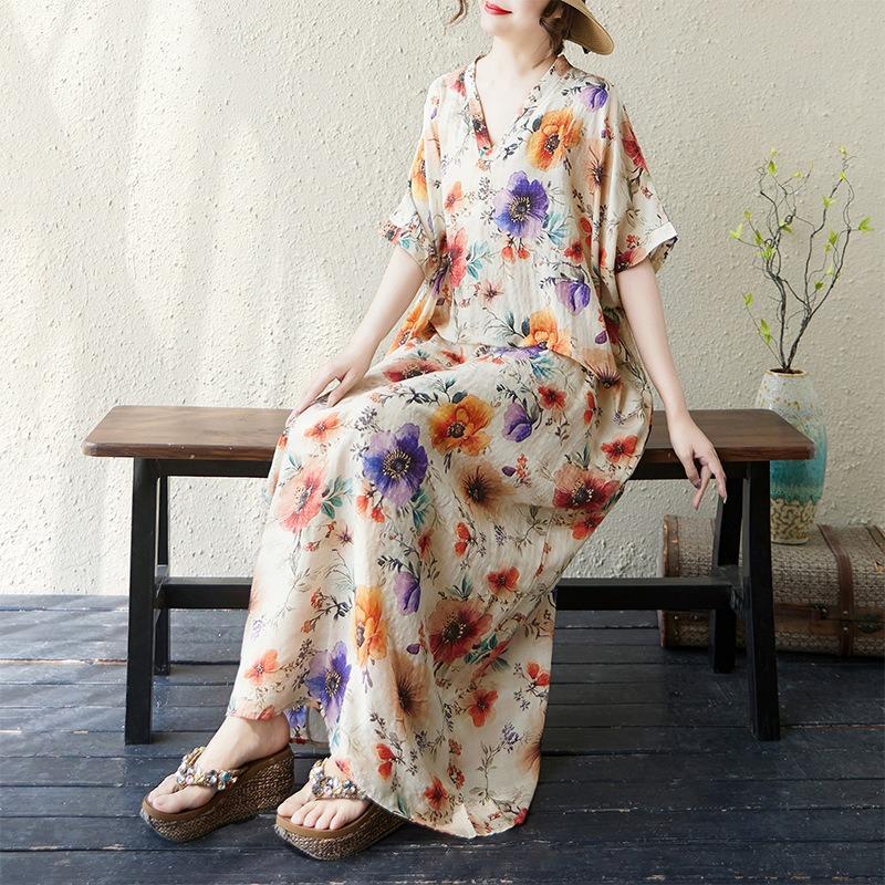 Summer v-neck thin cotton and linen large size loose literary holiday wind beach skirt retro meat-covering long robe