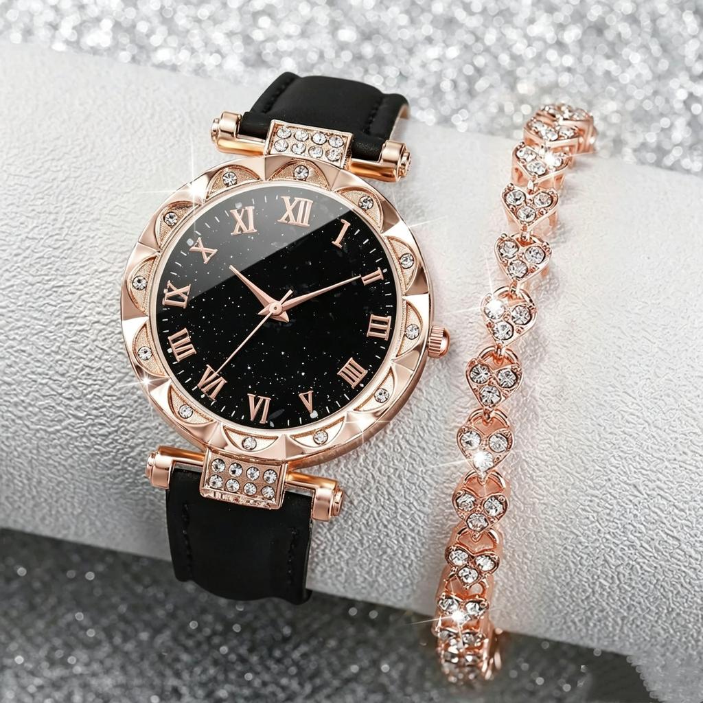 Women'S Diamond Quartz Watch Fashion Belt Watch Two-Piece Set Light Luxury Bracelet Set Women'S Watch