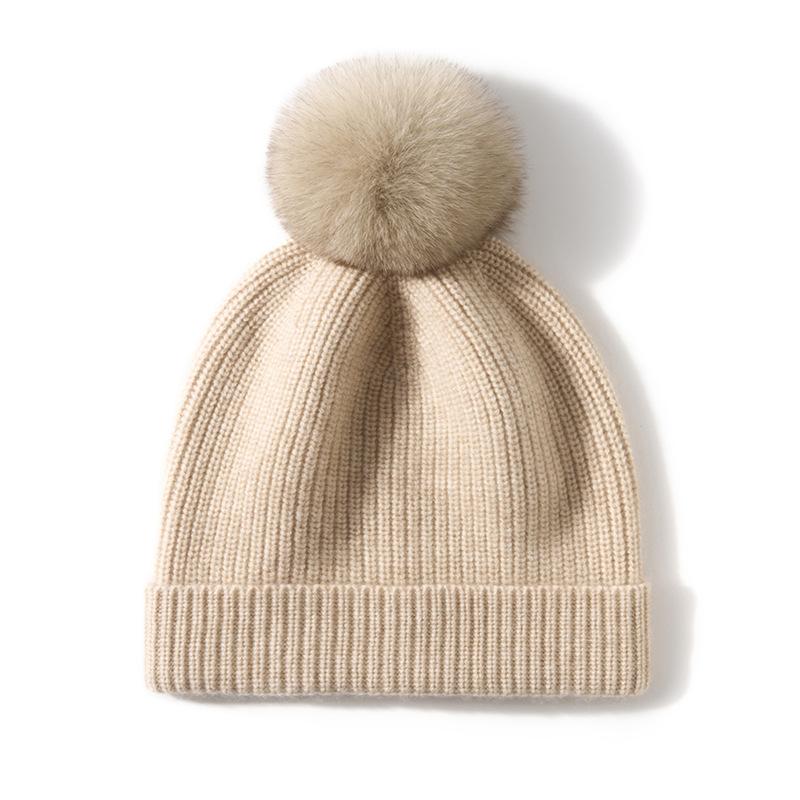 Cashmere Autumn and Winter New Style Women's High End Solid Color Striped Fur Ball Warm Fashion Knitted Casual Cuff Hat