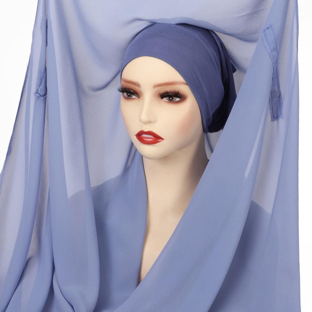 2in1 Muslim Long Headscarf Bulit-In Magnets Women Chiffon Shawl Instant Chiffon Hijab Scarf  Women синий