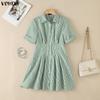 VONDA Robe Chemise Mini Rayée Décontractée à Manches Courtes et Col Revers d'Été pour Femme