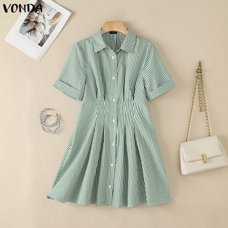 VONDA Robe Chemise Mini Rayée Décontractée à Manches Courtes et Col Revers d'Été pour Femme