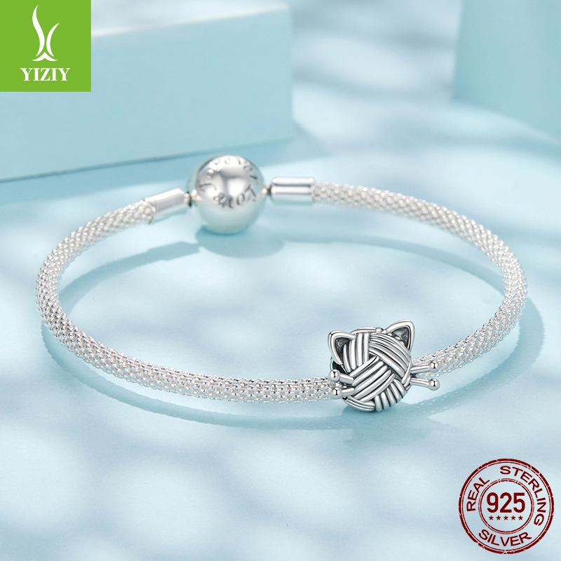 S925 Sterling Silver Cat Wool Beaded Loose Beads, Cute Pet Cat Diy Bead Accessories