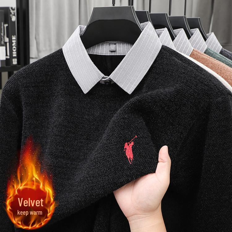 

Men s Winter Fleece-Lined Lapel Sweater T-Shirt - Two-Piece Integrated Long Sleeve Warm Base Layer 3XL 160-180 jin чорний