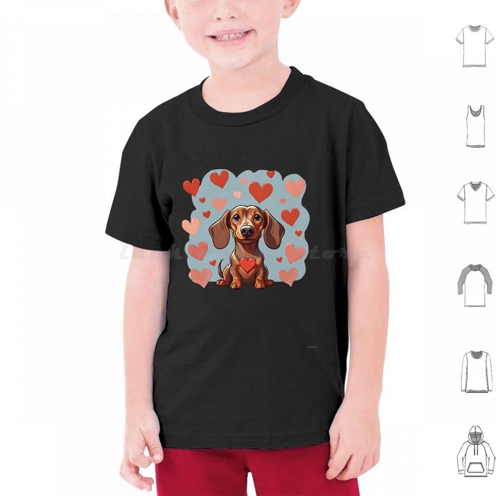 Cute Valentine Daschound Dog T Shirt Cotton Men Women DIY Print Dog Breeds Cute Dog Dog With Hearts Valentine Dog Animals