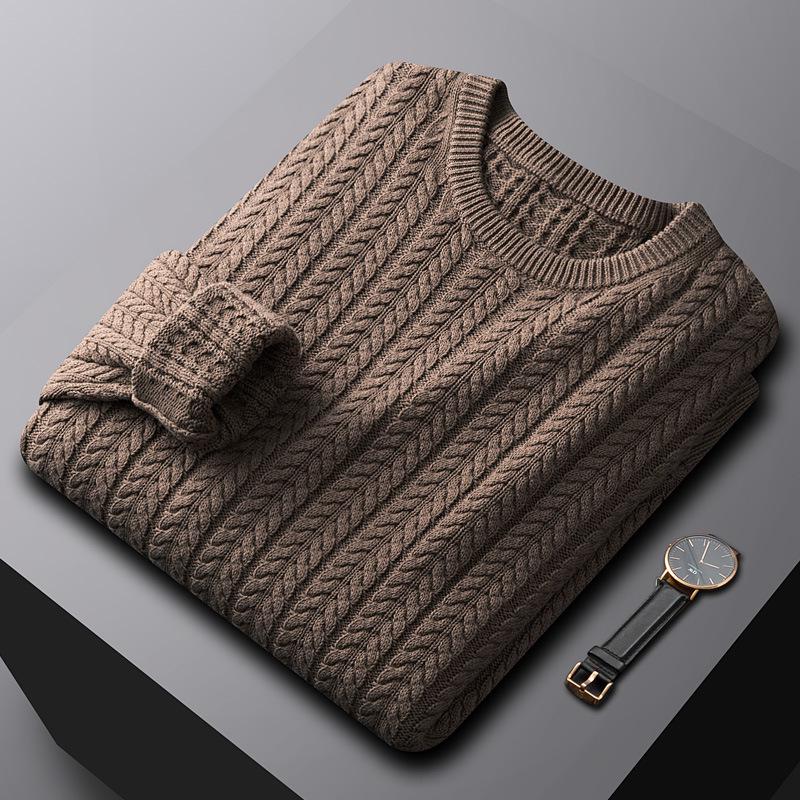 Men's Luxury All-Cotton Knitted Pullover - Thick, Solid Color, Velvet-Lined Cable Knit for Autumn and Winter