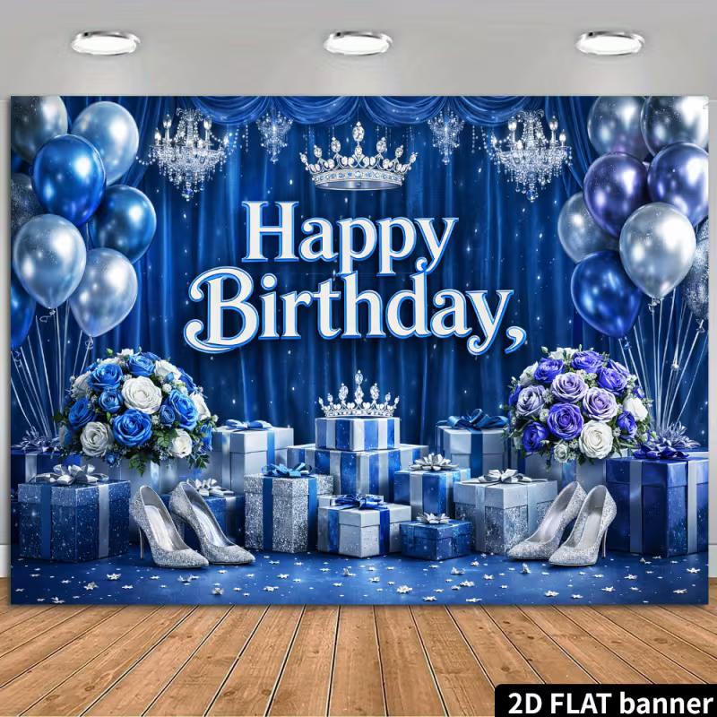 

2D Queen Themed Blue Silver Birthday Backdrop Banner Glam Women s Party Decor Background 47.2x31.5inch/120*80cm