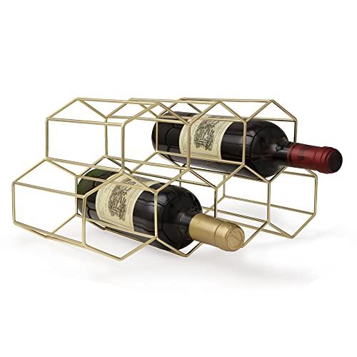 Metal Wine Rack, Wine Bottle Holder, Stackable, Holds 7 Bottles, Wine Shelf, Wine Storage, Wine Stand (Gold, 7 Bottles)