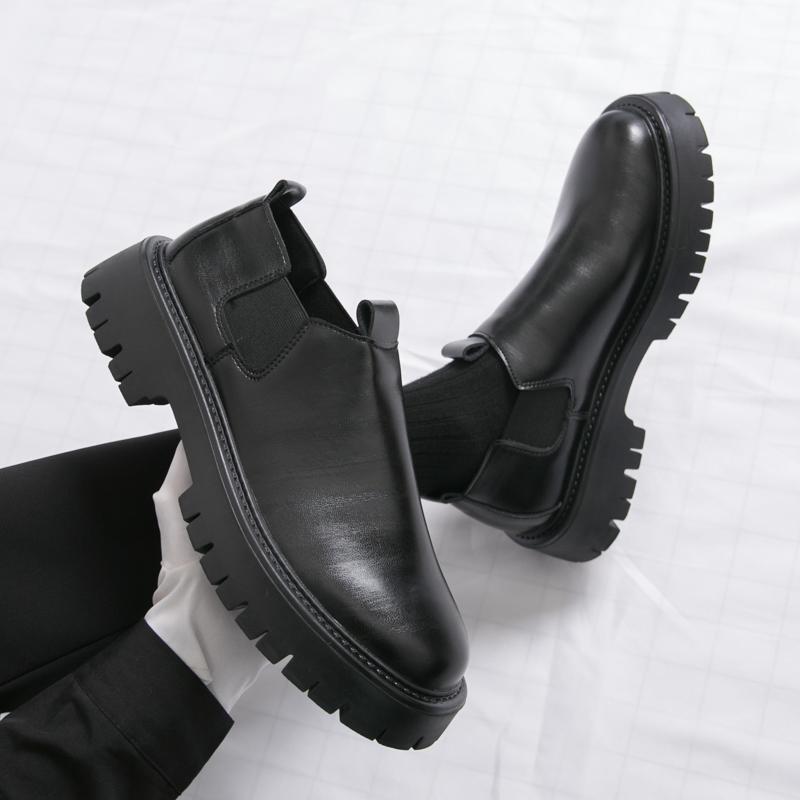 Fashion Loafers Men Casual Retro Le Fu Shoes Black Brown One-foot Thick-soled Anti-slip Height-increasing Brand Leather Shoes Size 38-46