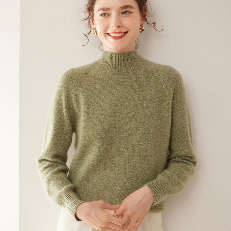 Women's Cashmere Floral Raglan Sweater, Double-Ply, Half-High Collar, Luxurious Knit