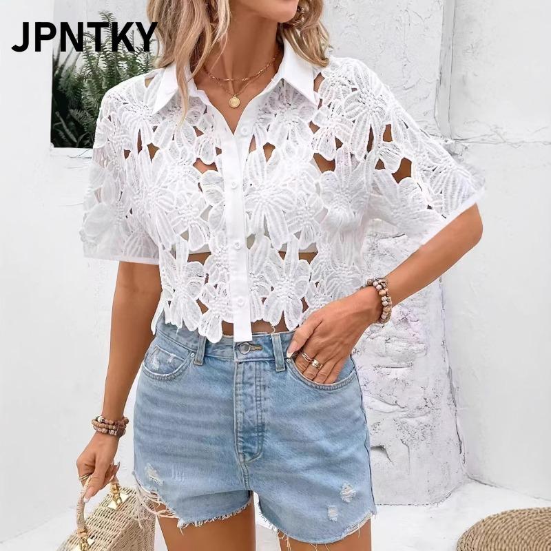 JPNTKY Moda Donna Casual Stampa Colore Unico Manica Corta Collo Polo Camicette & Camicie