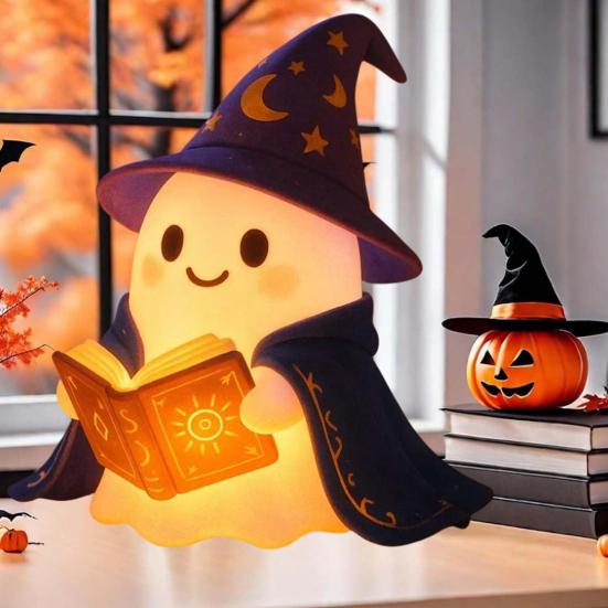 Yousheng 1/2Pcs Enchanting Wizard Ghost Night Light Halloween Reading Book Ghost LED Lamp Home Bedroom Kids Room Decoration Book Lovers Gift