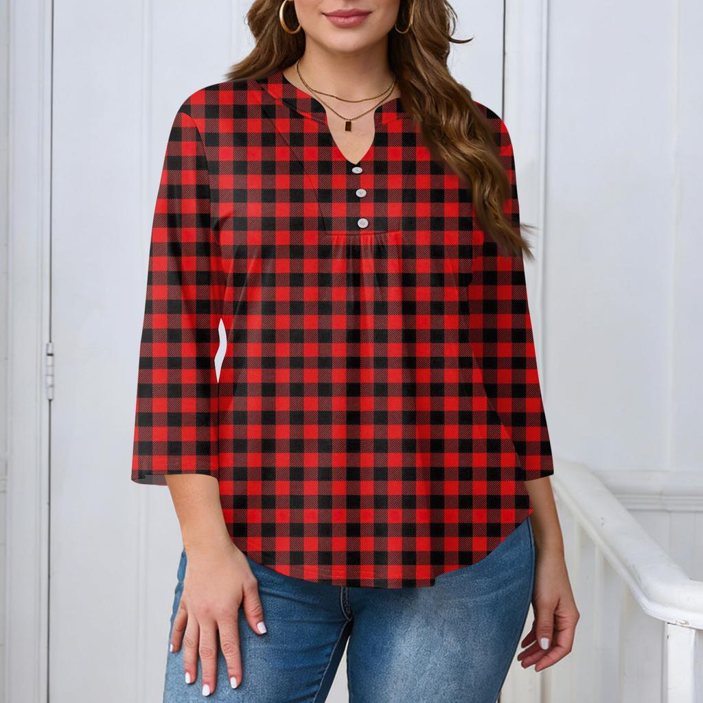 Women's Plus Size Fashionable Casual Loose Fit Three Quarter Sleeve Elegant Button Up V Neck Top