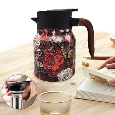 Bollitore da tè vintage con motivo floreale da 800 ml con infusore, teiera isolata, manico in legno, separazione del tè, pentola termoisolante per la casa