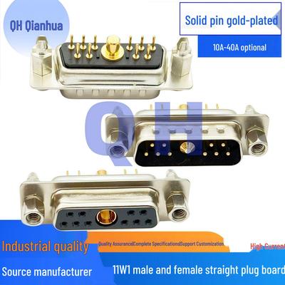 11W1 Male-Female Gold-Plated Solder Plug: High Current, 180° Straight Pin Connector