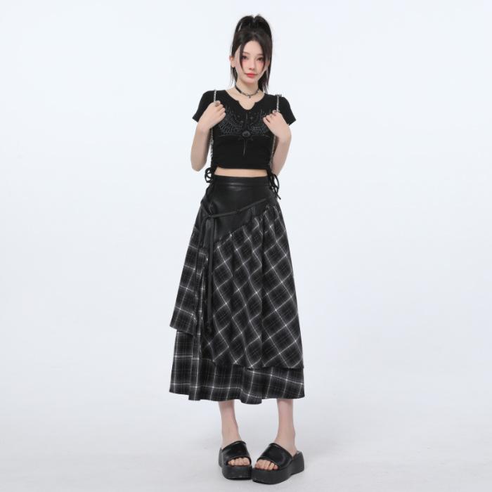 

Юбка из кожи в клетку в стиле ретро с высокой талией для женщин, весенняя юбка средней длины для женщин, весенняя кожаная юбка для женщин M