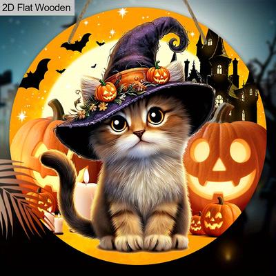 Halloweenská dřevěná cedule s rozkošným kočičím vzorem - Půvabné figurkové ozdoby - Ideální pro vchodové dveře, stěnu, pokojovou dekoraci