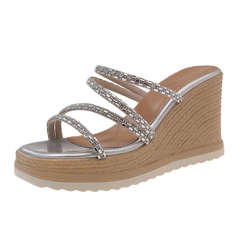 Fashion Shiny Crystal Wedge Heel Sandals for Women 2025 Summer Chunky Platform Slippers Woman Fashion Thick Bottom Party Sandalias Mujer