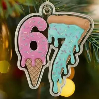 Christmas 67 Meme Acrylic Ornament Flat Santa Claus Reindeer Ice Cream Six Seven Xmas Tree Hanging Decoration Holiday Party Pendant