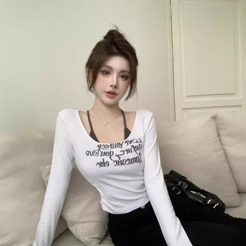 Pure desire hottie sexy one-word shoulder top women's autumn American red long-sleeved t-shirt slim-fitting U-neck bottoming shirt
