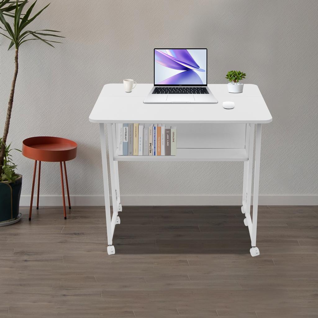 Folding Desk with Bookshelf & Wheels, Portable Table for Home Office, 80x58cm White Computer Desk, Space Saving Student Desk