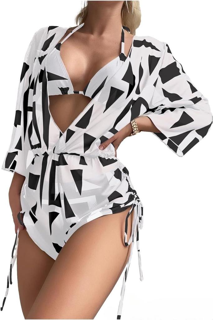 New long-sleeved three-piece mesh waist drawstring printed split bikini swimsuit