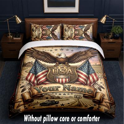 Set de așternut cu tematică patriotică americană, text sau nume personalizat, 3 piese, 1 cearșaf de deasupra și 2 fețe de pernă, așternut personalizat pentru casă