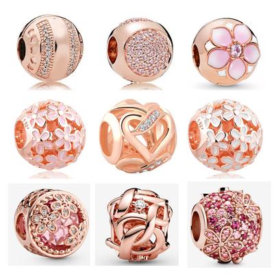 Gül Altın Boncuklar Parıldayan Pembe Papatya Çiçek Boncuk Charm Fit Orijinal Moda Bilezik Kadınlar İçin Kendin Yap Takı