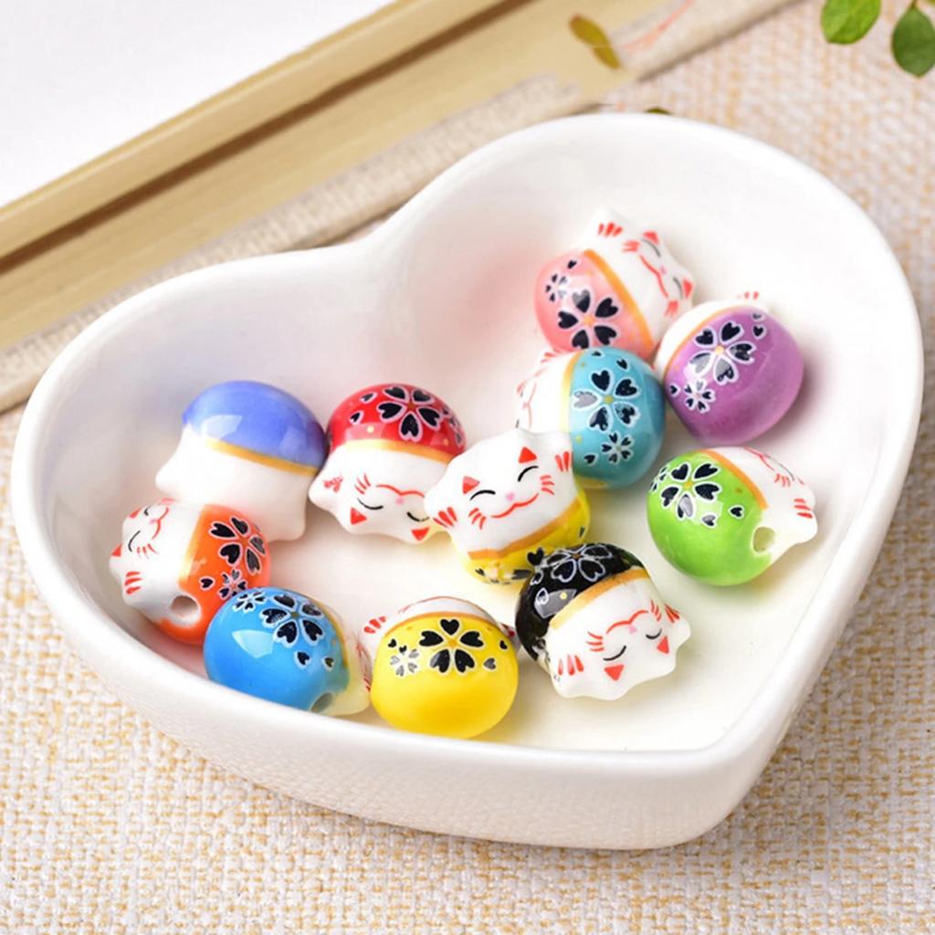 10pcs 14mm Through Hole Fortune Cat Raise Claws Ceramic Porcelain Loose Beads For Jewelry Making Accessories DIY Crafts Findings Creativity Beads