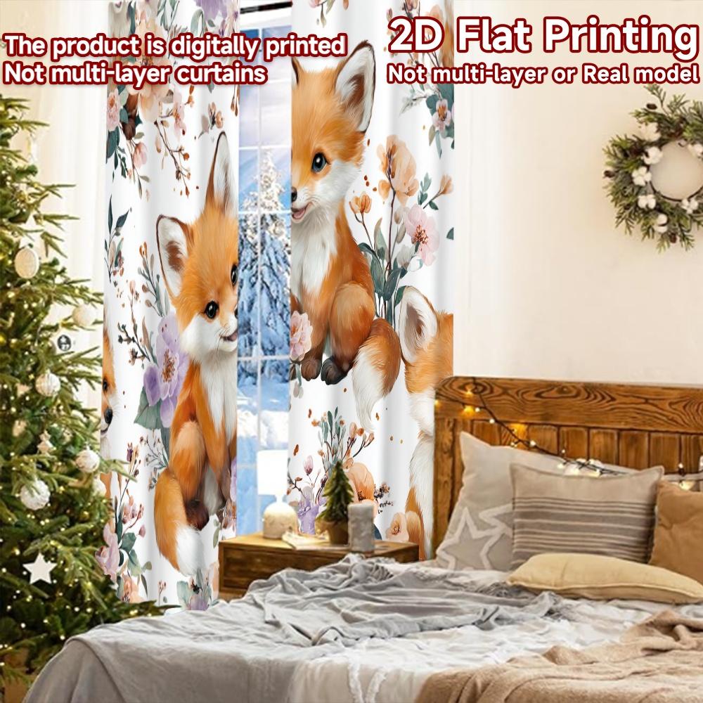 2pcs, 2D FLAT PRINTING Curtains (Without Rod) Fox Pattern Christmas Festival Popular Curtains&Drapes Durable Polyester Fabric