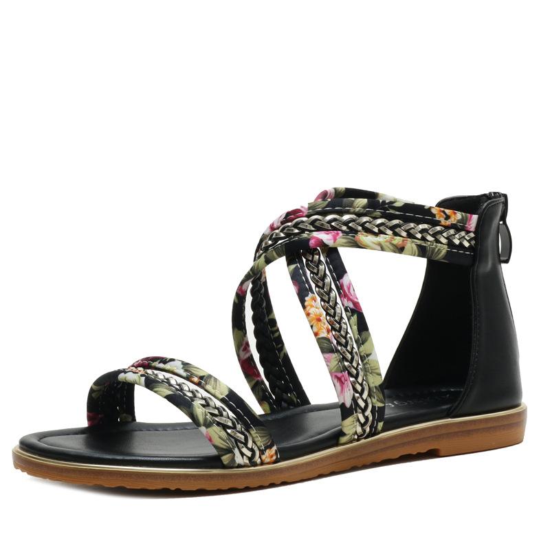 Sandals Women's Flat Fairy Style Open Toe Flower Cloth One Strap Non-Slip Roman Shoes