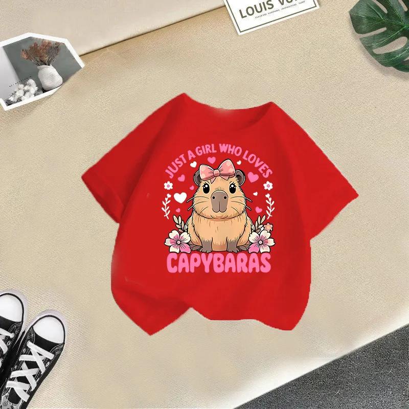 Summer Girls' Short-Sleeved T-shirt Children's round Neck Loose Fit Cute Stylish Capybara Print Casual Top for Kids Modal