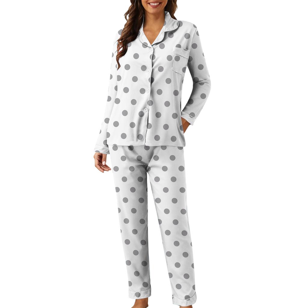 Damen Casual Mode Polka Dot Print Langarm Hosen Homewear Set