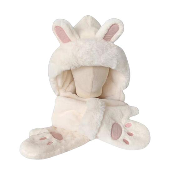 Women Hat Rabbit Ear Decor Thickened Warm 3 in 1 Hat Scarf Gloves Hiking Outings Shopping Winter Headwear