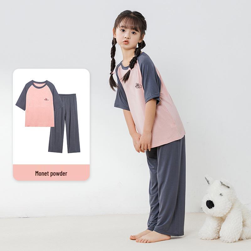 Modal Barnpyjamas: AC-dräkt för pojkar och flickor, kortärmad, set med långbyxor för tonåringar, sommarhemkläder