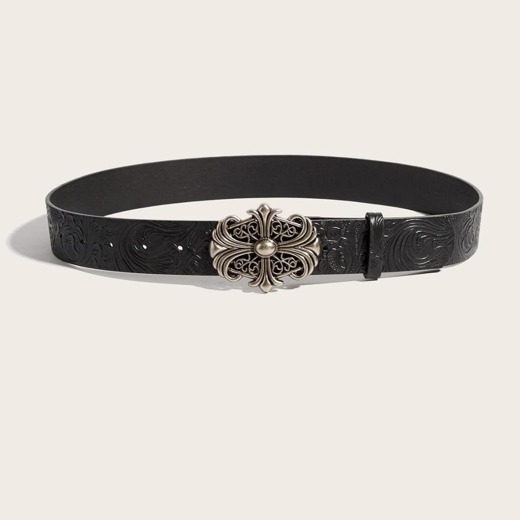 Bohemian Embossed Floral Men's Leather Belt with Cross Alloy Hollow-Out Design