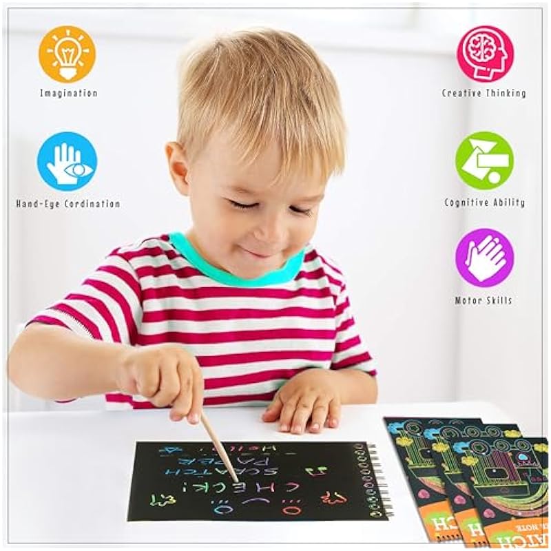 Glun Drawing Scratch Notepad With Magical Rainbow Color, 2 Pieces Notepad With Wooden Stick, Educational For Kids