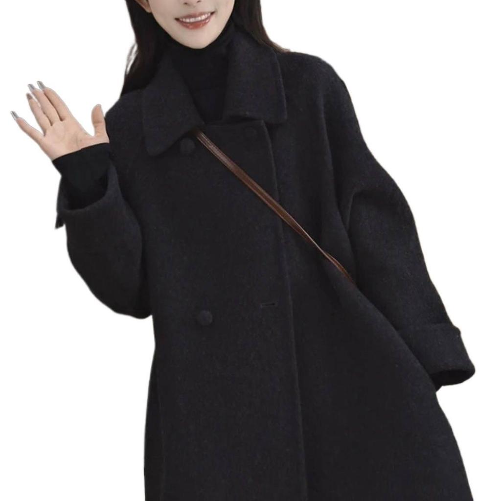 Petite Korean-Style Mid-Length Wool Coat for Autumn and Winter - Loose Fit, Elegant Outerwear 