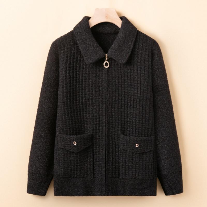 Mid-mother Early Spring Knitted Sweater Jacket Lapel Zipper Cardigan Women's Spring and Autumn New Top