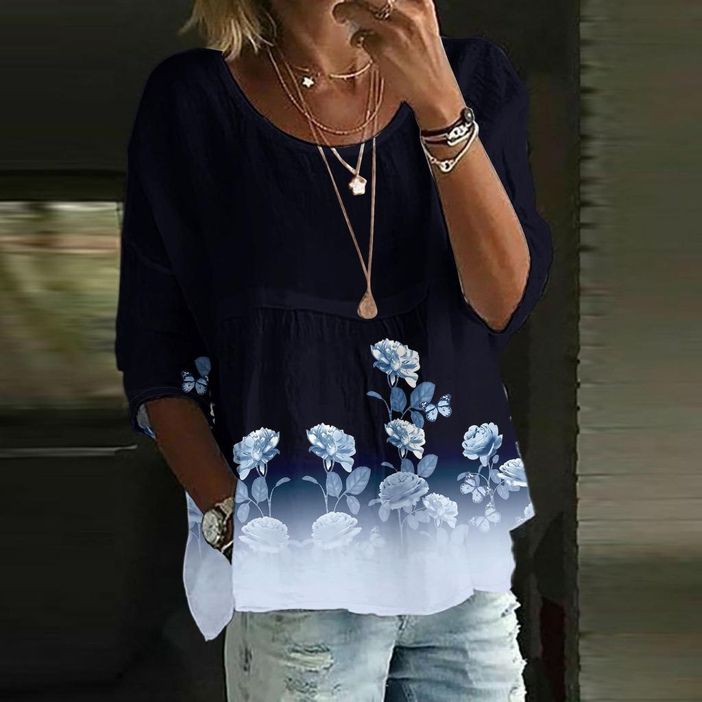 Linen Shirts For Women 3/4 Sleeve Button Down O Neck Summer Tops Dressy Casual Cute Shirts