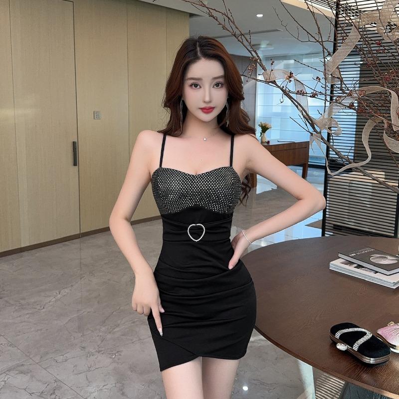 Spice Girl Sexy Low Chest Dress Club Sequins Splicing Waist Irregular Suspender Dress Women