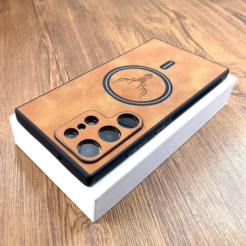 Luxury Retro Deer Embossing Leather For Magsafe Case For Samsung Galaxy S25 S24 S23 S22 S21 Ultra Plus FE Note20 S25Plus S24FE