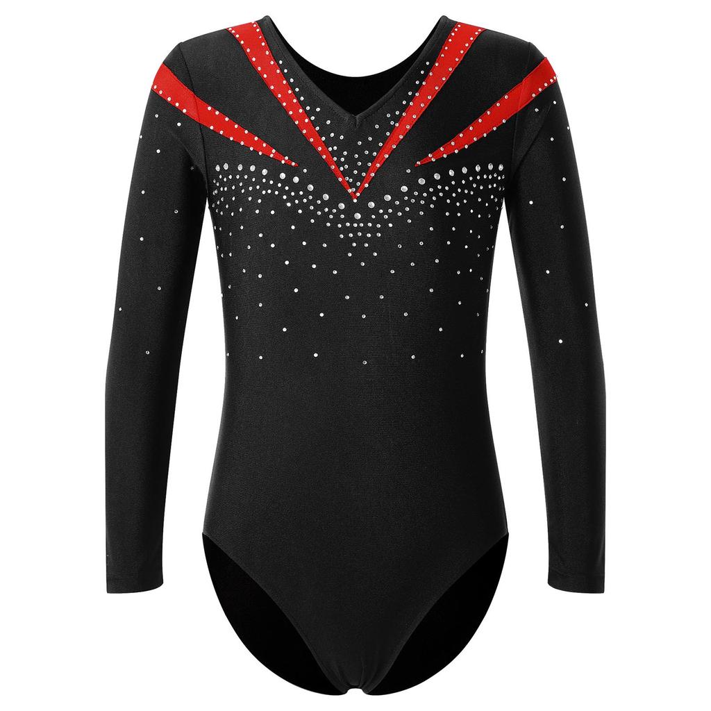 Girls Long Sleeve V Neckline Dance Leotards Shiny Rhinestone Decorated Contrast Color Slim Fit Unitard