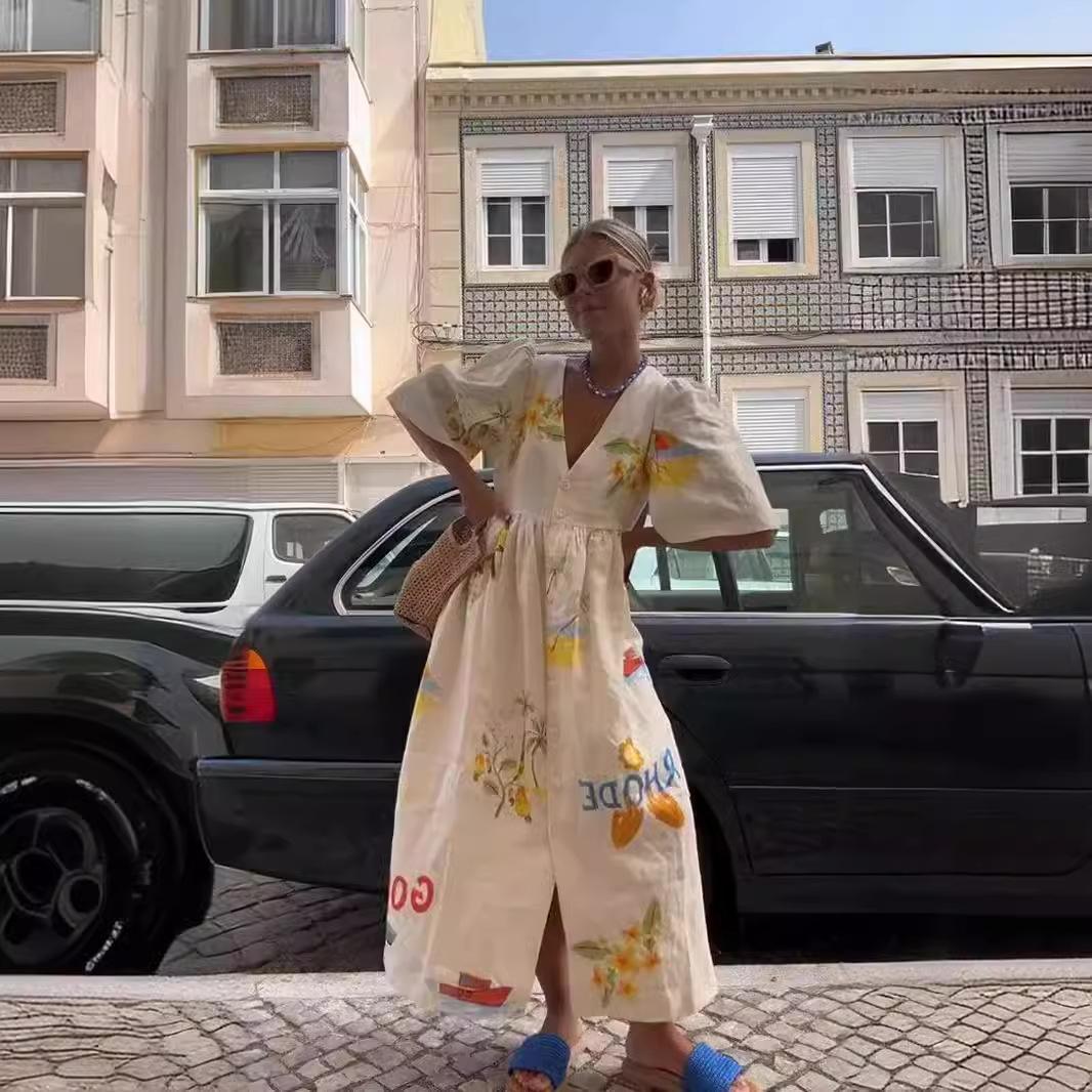 

Весенне-летняя мода с принтом, V-образным вырезом, симпатичное свободное платье с коротким рукавом XL белый