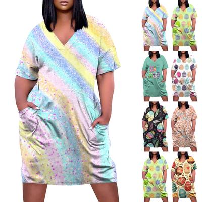 Women's Summer Plus Size V-neck Short Sleeve Print Knee Pocket Casual Dress
